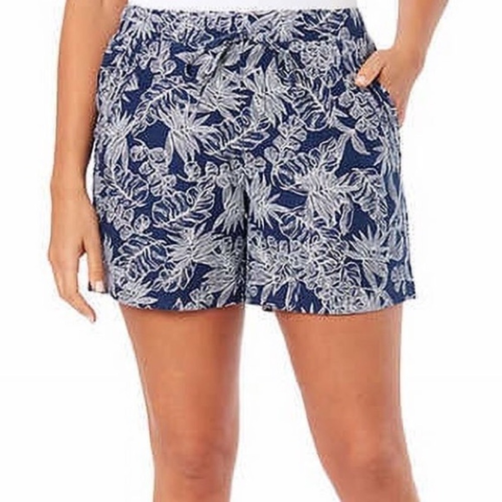 NWT Briggs Women’s Navy Blue Tropical Print Linen Blend Pull-on Shorts Medium